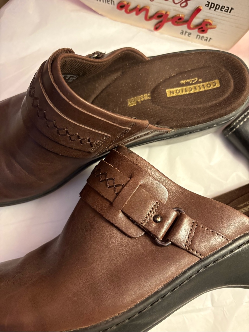 Clarks Women's Brown Leather Slip-On Mule Clogs Sz 9